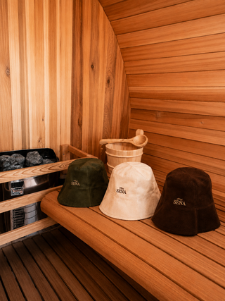 Tasman Saunas merino sauna hats in Chocolate, Ecru and Olive